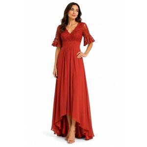 JAEDEN Rust Orange Lace Chiffon High Low Gown Bell Sleeve V Neck New Size 4